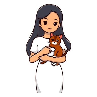 beautiful girl with long black hair wearing a white dress holding an Abyssinian cat with reddish-brown fur in her arms sticker