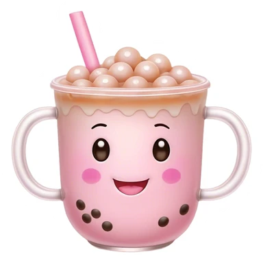Cute Kawaii Boba Tea Cup, with a happy smiling face, chubby round shape, pastel pink and brown colors, soft glowing highlights, adorable tapioca pearls floating inside, sparkling eyes full of joy! sticker