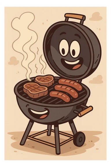 a barbecue grill with steaks and sausages, sizzling, cartoon style sticker