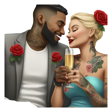 Hyper Realistic tattooed couple drinking champagne with red roses  sticker
