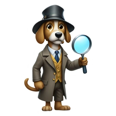 dog detective standing on two feets holding one magnifying glass with his paw sticker