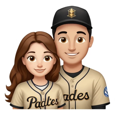 *White* couple smiling. Woman has big cheeks and a lot of freckles on the nose. long brown hair. Man has black and very short hair and prominent eyebrows with egipcian nose. Both are wearing “Los Padres” baseball new 2025 jearsey sticker