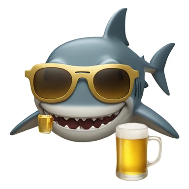 shark with dreadlocks and gold sunglasses on the beach with a beer sticker