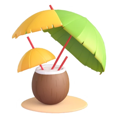 3D emoji style coconut with a straw and umbrella, tropical drink, simple and expressive sticker