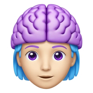 Modern 3D AI emoji, digital brain with subtle tech icons, neutral intelligent expression, blue and purple colors, clean educational style, soft lighting, transparent background. sticker