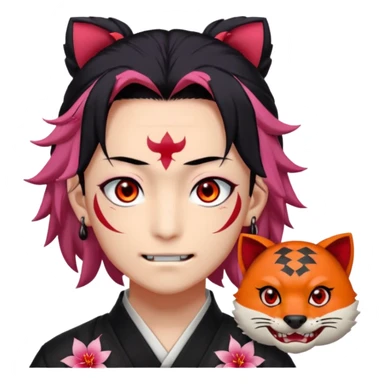 tanjiro male : Kind red eyes, black hair with burgundy tips, forehead scar, tanned skin, Hanafuda earrings.                             nezuko:   Pink eyes, black-orange hair, fangs, bamboo muzzle in mouth. sticker