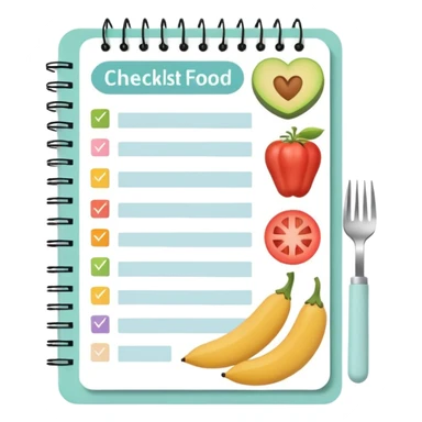 Emoji of checklist notebook with healthy food icons, nutrition planning, flat minimal emoji, pastel colors sticker