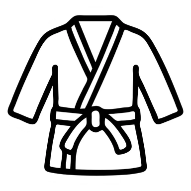 outline-only icon of a jiu-jitsu gi (kimono), white or transparent outline, black belt with detailed knot and trailing ends, slightly rounded and humanized form, clean and modern, no fills or shadows, centered with arms relaxed outward, belt symmetrical, fun but respectful, evokes discipline and progress sticker