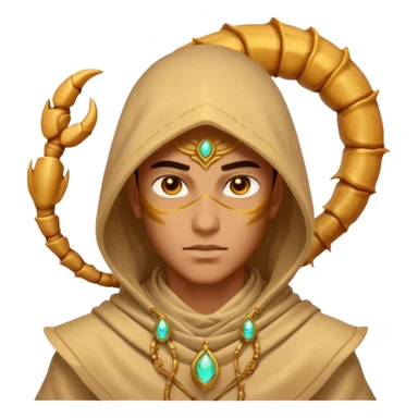 desert sand mage portrait, head and shoulders only, scorpion-themed hood, golden desert jewelry, swirling sand aura, glowing eyes, fantasy vibe, 3D cartoon, mobile game icon style, clean background, no text, no watermark
 sticker