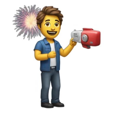 Man with remote control and Fireworks sticker