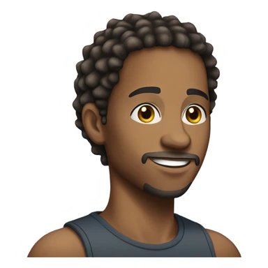 A young African-American male with short, thick dreadlocks, a friendly, confident smile, and a trimmed goatee. He has a slim but toned build, sharp facial features, and wears a cap. sticker