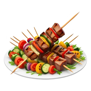 Cinematic Realistic Shish Kebab Dish Emoji, showcasing skewered, grilled meat with vibrant vegetables rendered with dynamic textures and warm, inviting lighting. sticker