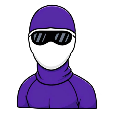 shirtless athletic man with white skin, wearing a purple balaclava face mask and purple sunglasses with black tinted lenses sticker