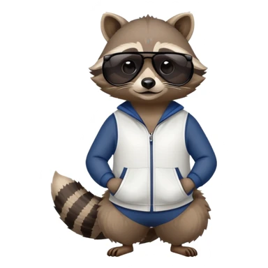 friendly anthropomorphised raccoon in sports wear, wearing dark sunglasses, relaxed pose, mafia style sticker