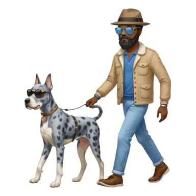 man and dog, tall bearded black man walking blue Merle Great Dane, illustration style sticker