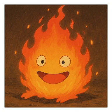 A whimsical, glowing fire demon resembling Calcifer from Howl's Moving Castle, with a playful expression and flickering flames, in Ghibli style sticker