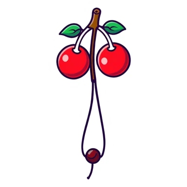 Two bright red cherries connected by a green stem sticker