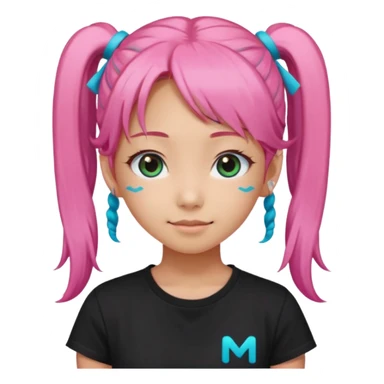 a girl wearing a black t shirt with cyan letters'mira', brave and smart face, narrow eyes, korean girl, small grin,half up half down look with two diagonal pigtails, long pink hair sticker