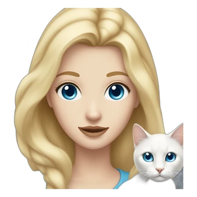 White woman with long blonde hair, blue eyes, white cat with brown eye, blue eye sticker