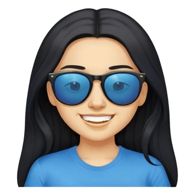 A face of girl with black long hair, wearing sunglasses and a blue t-shirt.She's grinning. sticker