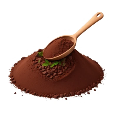 heap of cocoa powder, deep brown, finely ground, velvety, natural edges, tiny wooden spoon partially dipped, clean, 3D, soft shadows, subtle lighting, realistic but stylized, no packaging, no text, no extra elements, transparent background, emoji scale sticker