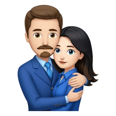 tall white man with brown hair goatee mustache hugging a pale woman with long black hair, wearing blue formal clothing sticker