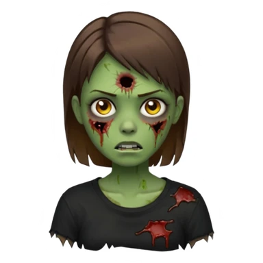 Zombie girl emoji verde com cabelo curto liso castanho no ombro com uma blusa preta sticker