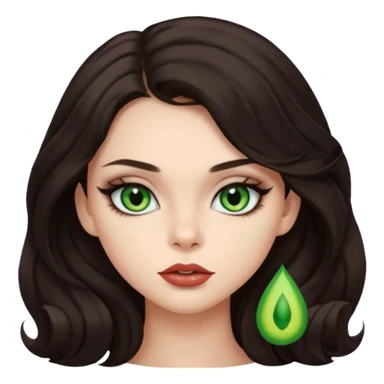 girl with dark brown long hair, hair is just a little bit curly like a hair styling, she has a green cat eyes, a little bit smoky makeup, babyface and lips are a little bit big sticker