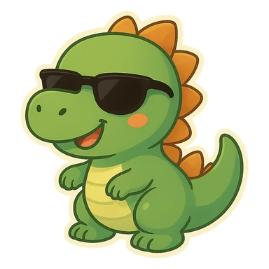 Add cool black sunglasses to the funny dinosaur in cartoon chibi sticker style, keep the background transparent. sticker