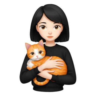 A beautiful girl with short black hair in a black sweater holds a orange cat in her arms sticker
