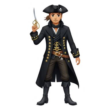 A confident pirate captain in a tailored black coat with silver embroidery, black boots, and a windswept black scarf. sticker