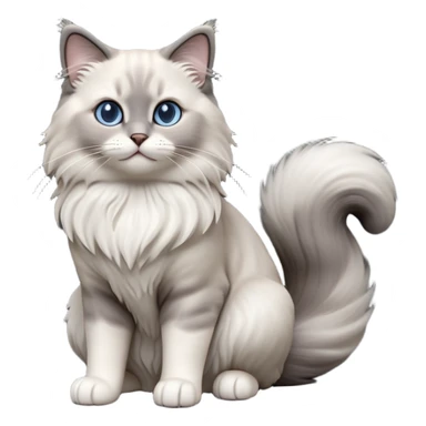 cinematic-[Ragdoll cat]-realistic-full-body-sitting-emoji,-tail-curled-playfully-around-its-paws,-head-tilted-dramatically,-fluffy-[grey ragdoll cat]-fur,-simplified-yet-realistic-focused-features,-highly-detailed,-glowing-with-an-almost-sarcastic-glow sticker