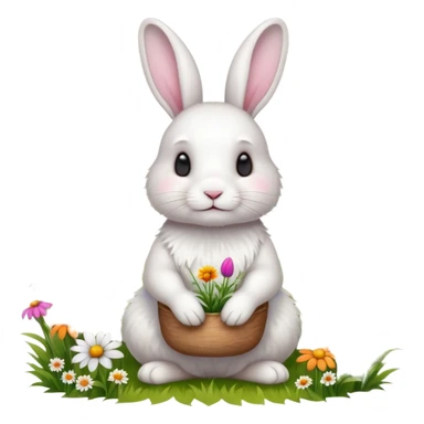 A fluffy white rabbit sitting in a meadow full of colorful flowers, ultra-realistic, high detail, soft morning light sticker