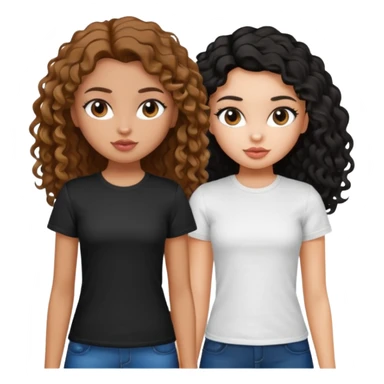 2 pretty bratz fair girls. One has straight brown hair and is tan, wearing a white tshirt. One is fair with curly black hair, wearing a black tshirt  sticker