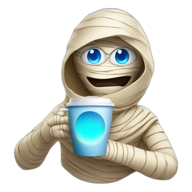a mummy with blue eyes that are glowing holding coffee sticker