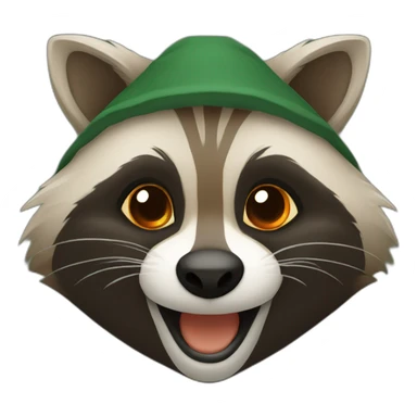 brown raccoon with orange eyes and a dark green hood that is laughing sticker