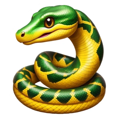 Cinematic Cute Anaconda Portrait Emoji, Head tilted playfully and inquisitively, with a sleek, shimmering body adorned with detailed scale patterns and round, sparkling eyes full of wonder, Simplified yet irresistibly adorable features, highly detailed, glowing with a warm, friendly jungle glow, high shine, affectionate and lively, stylized with a touch of whimsical reptilian charm, soft glowing outline, capturing the essence of a mischievous serpent that feels like it could slither out of the screen into your arms! sticker