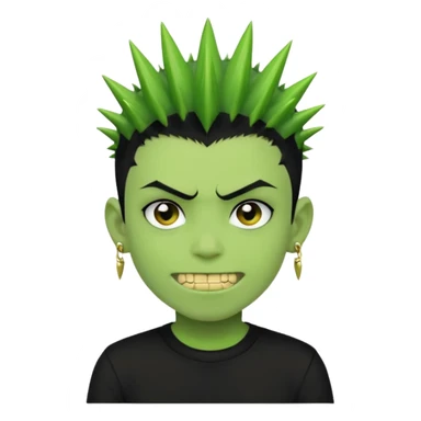 green zombie boy with spiky black emo hair and a black shirt with piercings and gold grilzz  sticker