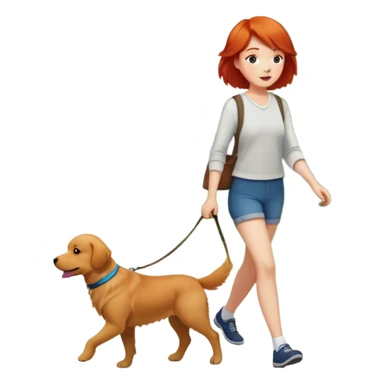A girl with super short red hair walking a golden retriever sticker