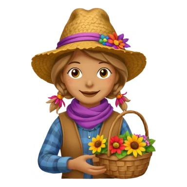 Scarecrow, Smiling face, colorful scarf, flower hat, holding a small basket. sticker