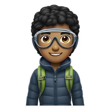 black hair smiling filipino boy with aviator glasses with skiing gear sticker