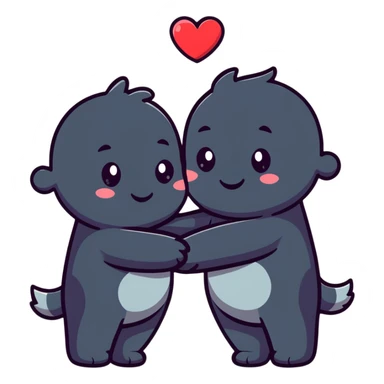 Two cute cartoon characters hugging with hearts around them sticker