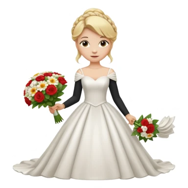 Chica blanca, cabello rubio, recogido en moño alto con mechones, vestido novia , cuerpo entero, ramo de flores en una mano, cola trasera sticker