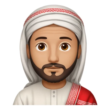 detailed iPhone-style emoji of a Saudi man with round cartoon face, short beard, brown eyes, wearing white thobe and red-and-white shemagh with black agal, both hands gently shown sticker