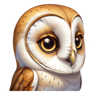 Cinematic Cute Barn Owl Portrait Emoji, Head tilted playfully and inquisitively, featuring a softly mottled Fur of white and brown with delicate feather patterns, round, sparkling amber eyes filled with curious wonder, Simplified yet irresistibly adorable features, highly detailed, glowing with a warm, friendly glow, high shine, affectionate and gentle, stylized with a touch of barnyard whimsy, bright and endearing, soft glowing outline, capturing the essence of a mischievous yet loving owl, so playful it feels like it could swoop out of the screen and into your arms! sticker