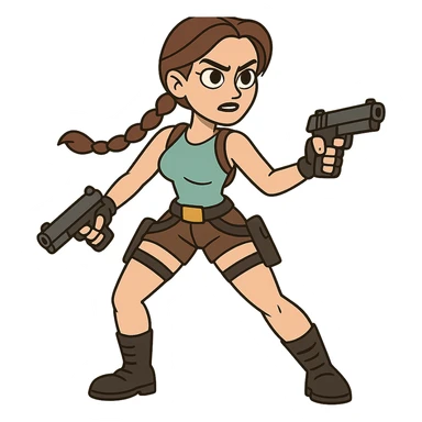 Cartoon version of a female adventurer, Lara Croft inspired, with iconic outfit, ready for action sticker