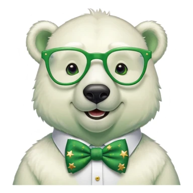 head and shoulders of a friendly anthropomorphised polar bear smiling, wearing large multicolored star-shaped glasses, green bow tie, shamrock pin, festive green shirt sticker