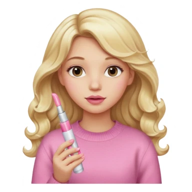 A long curled blonde haired  young girl with a pink sweater and holding a clear lip gloss sticker