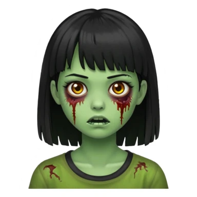 Emoji de uma garota zumbi com os cabelos longos, lisos e pretos. Ela usa uma franja curta. Pele verde  sticker