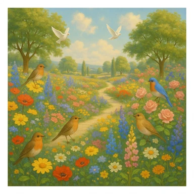 utopian garden with flowers, birds, and no cats in sight sticker